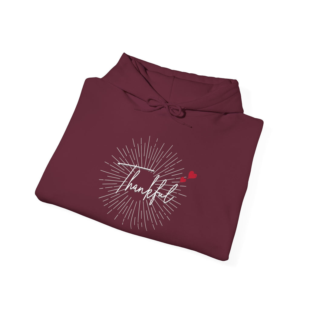 Thankful Script Hoodie — Minimal Cozy Gratitude Sweatshirt with Tiny Hearts