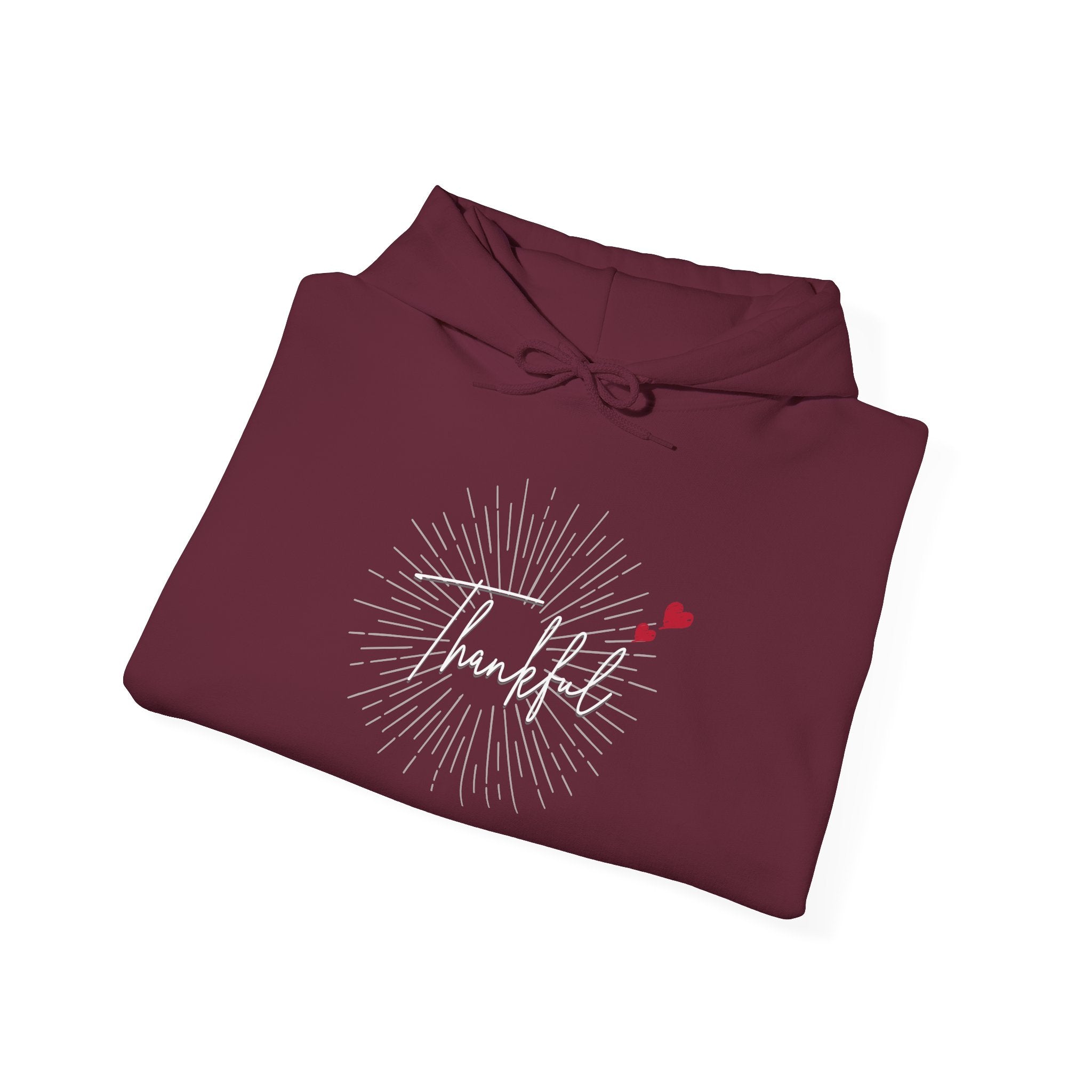 Thankful Script Hoodie — Minimal Cozy Gratitude Sweatshirt with Tiny Hearts