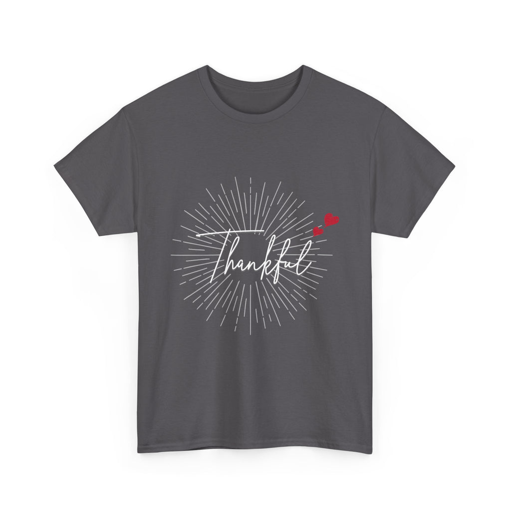 Thankful Script T‑Shirt — Minimal Gratitude Tee with Heart Accent