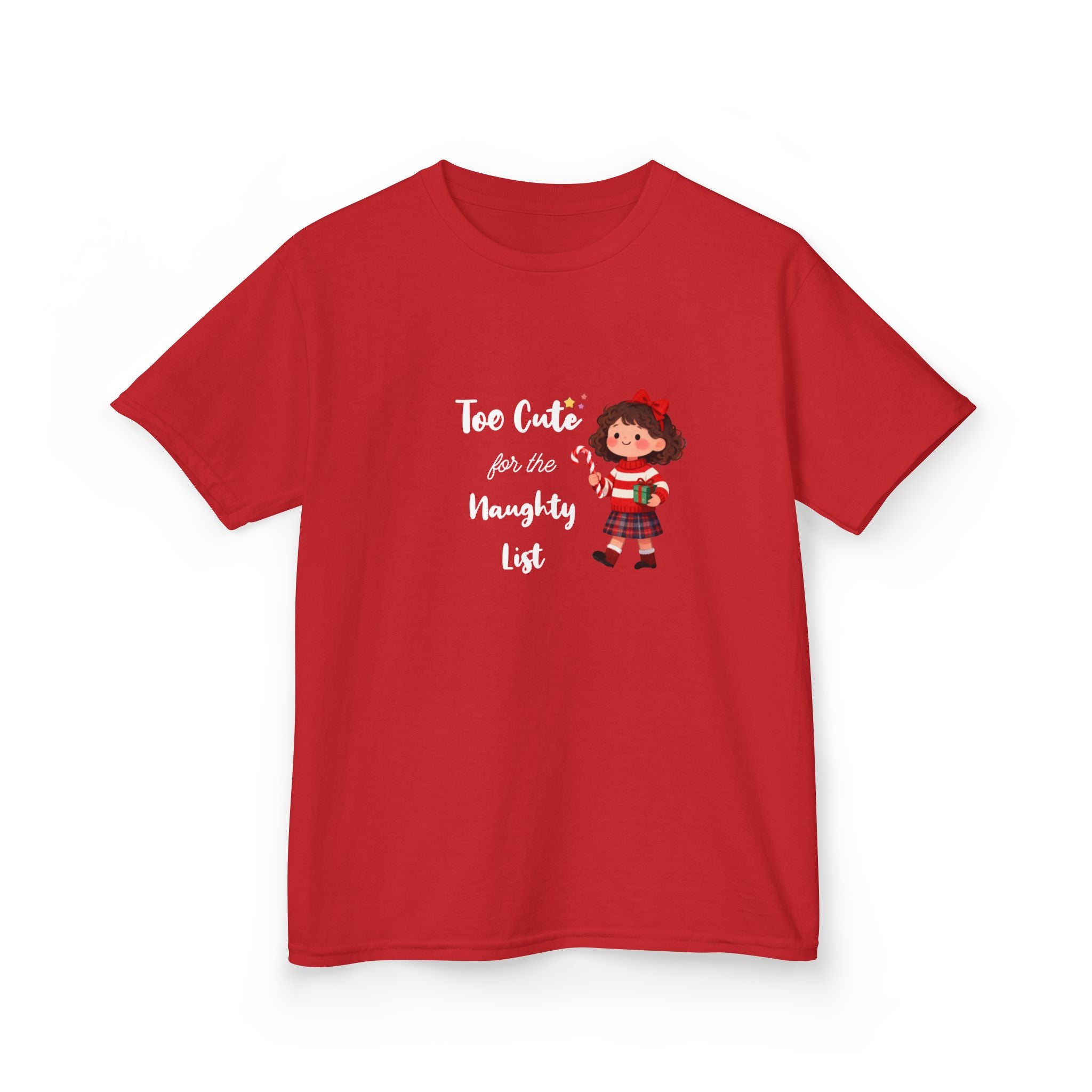 Kids T-Shirt — "Too Cute for the Naughty List" Holiday Elf Graphic