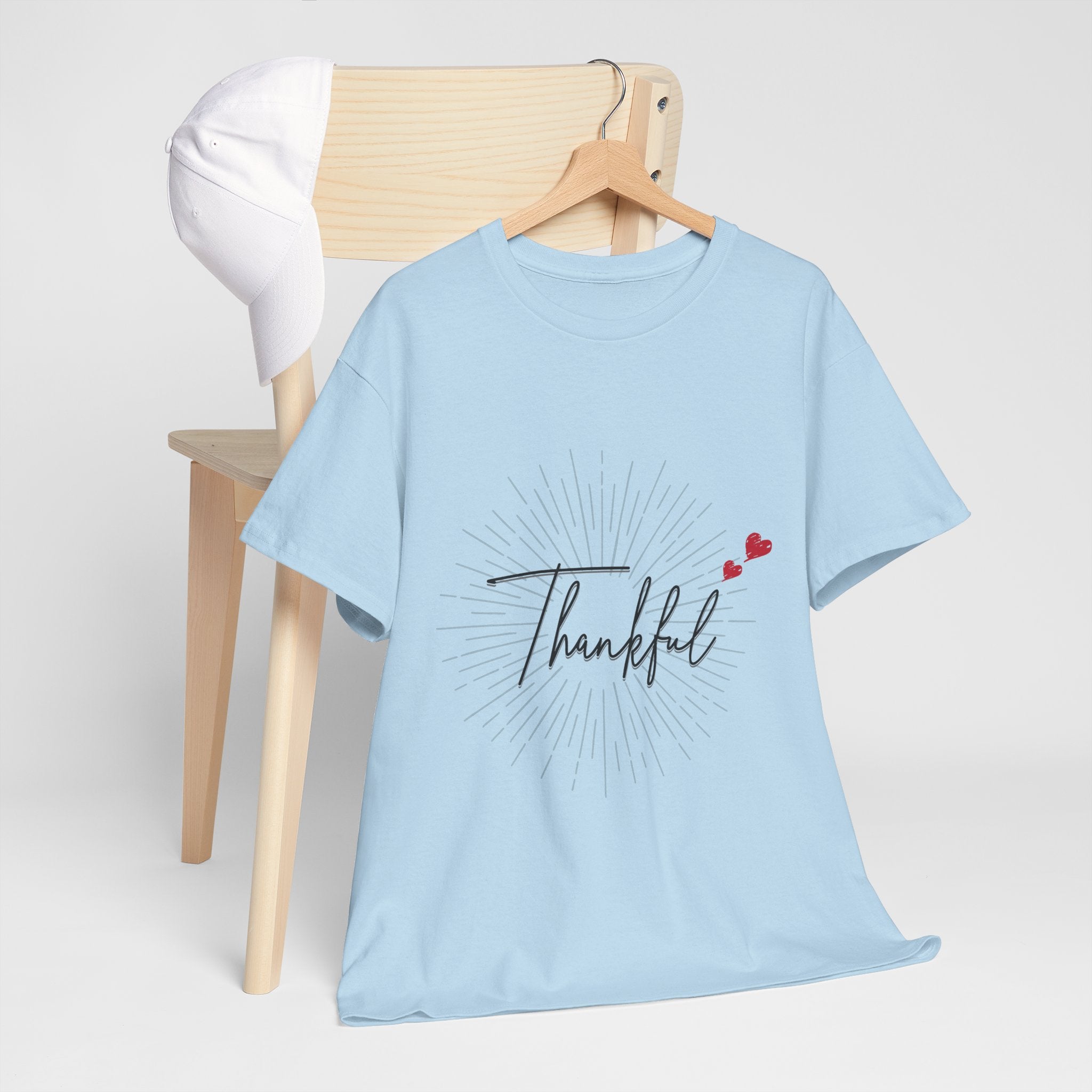 Thankful Script T‑Shirt — Minimal Gratitude Tee with Heart Accent