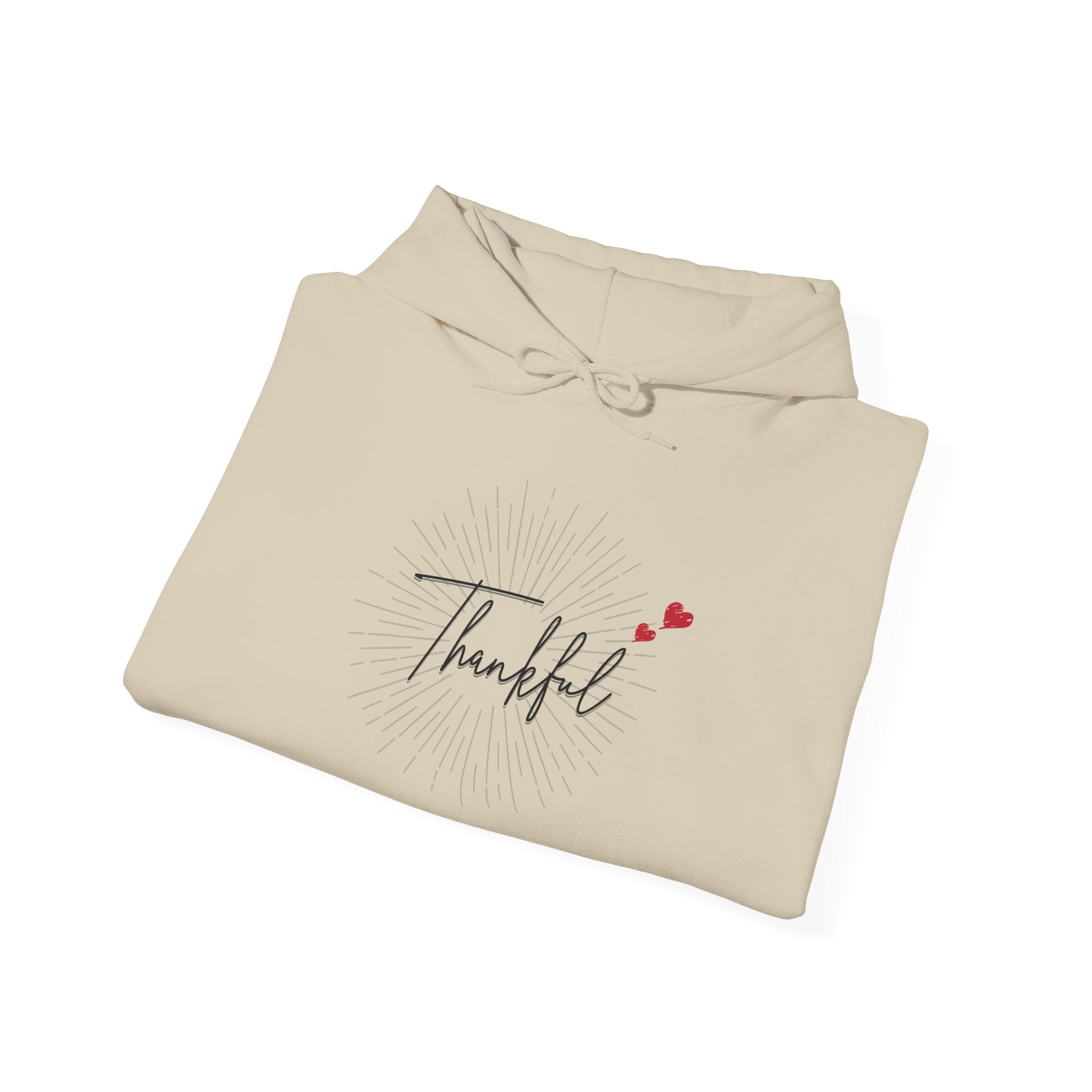Thankful Script Hoodie — Minimal Cozy Gratitude Sweatshirt with Tiny Hearts