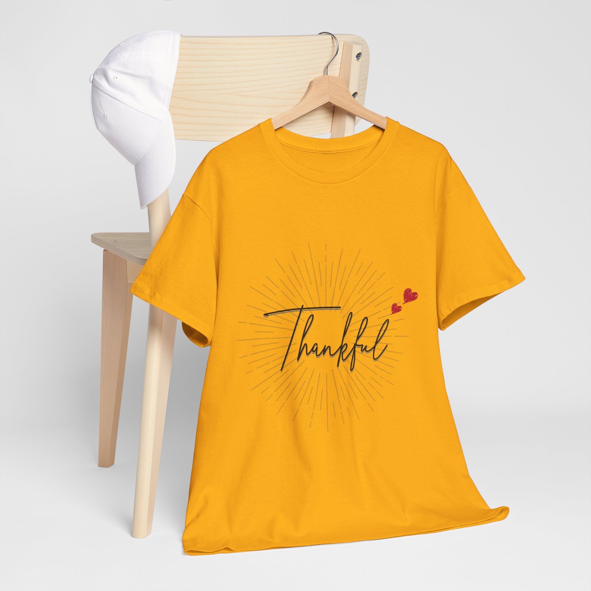 Thankful Script T‑Shirt — Minimal Gratitude Tee with Heart Accent