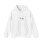 Thankful Script Hoodie — Minimal Cozy Gratitude Sweatshirt with Tiny Hearts