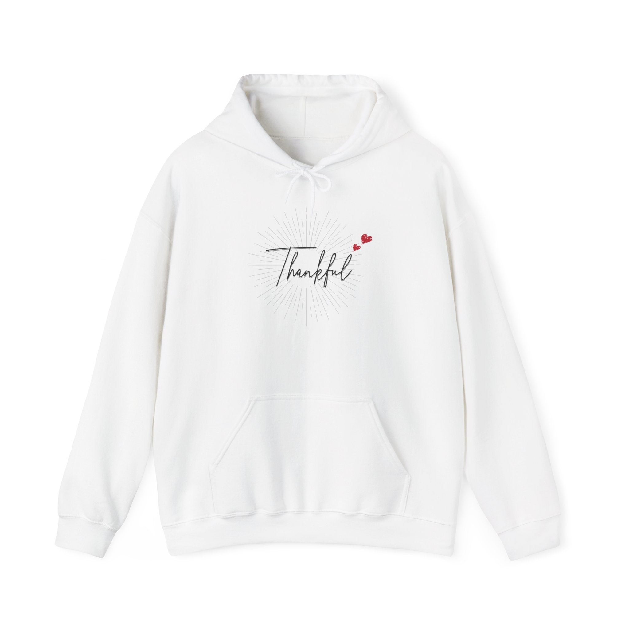 Thankful Script Hoodie — Minimal Cozy Gratitude Sweatshirt with Tiny Hearts