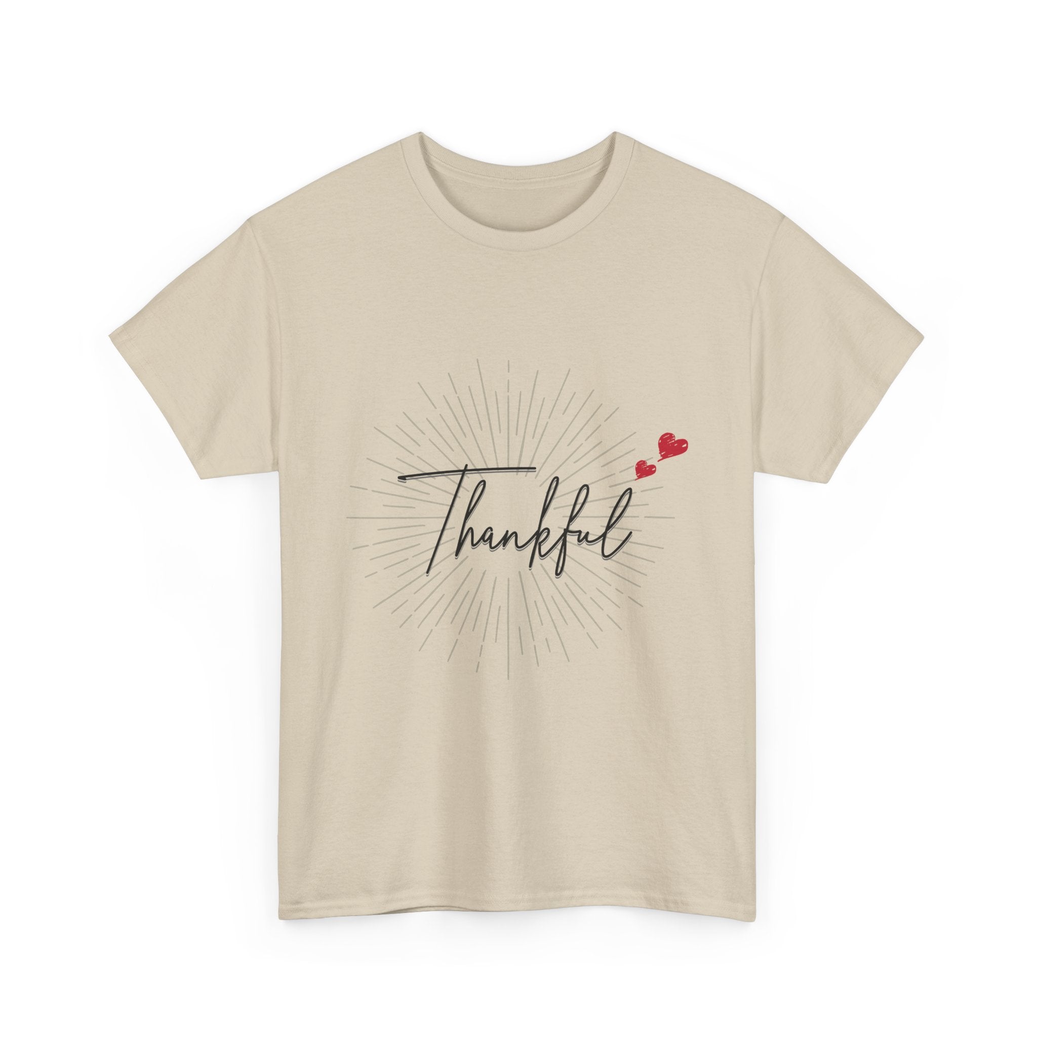Thankful Script T‑Shirt — Minimal Gratitude Tee with Heart Accent