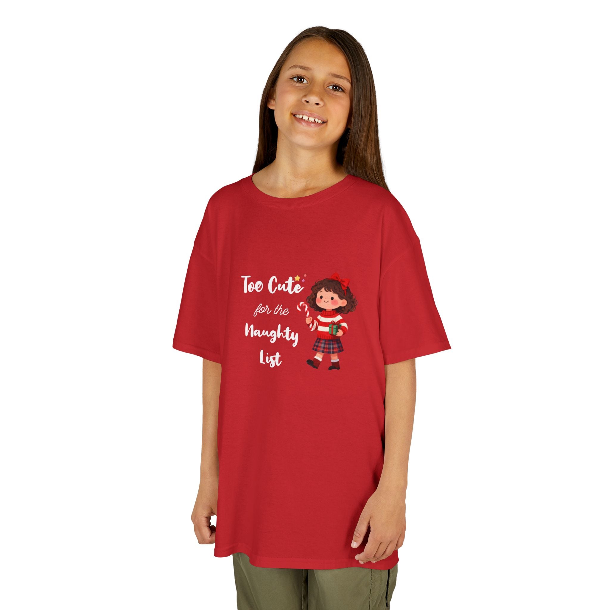 Kids T-Shirt — "Too Cute for the Naughty List" Holiday Elf Graphic