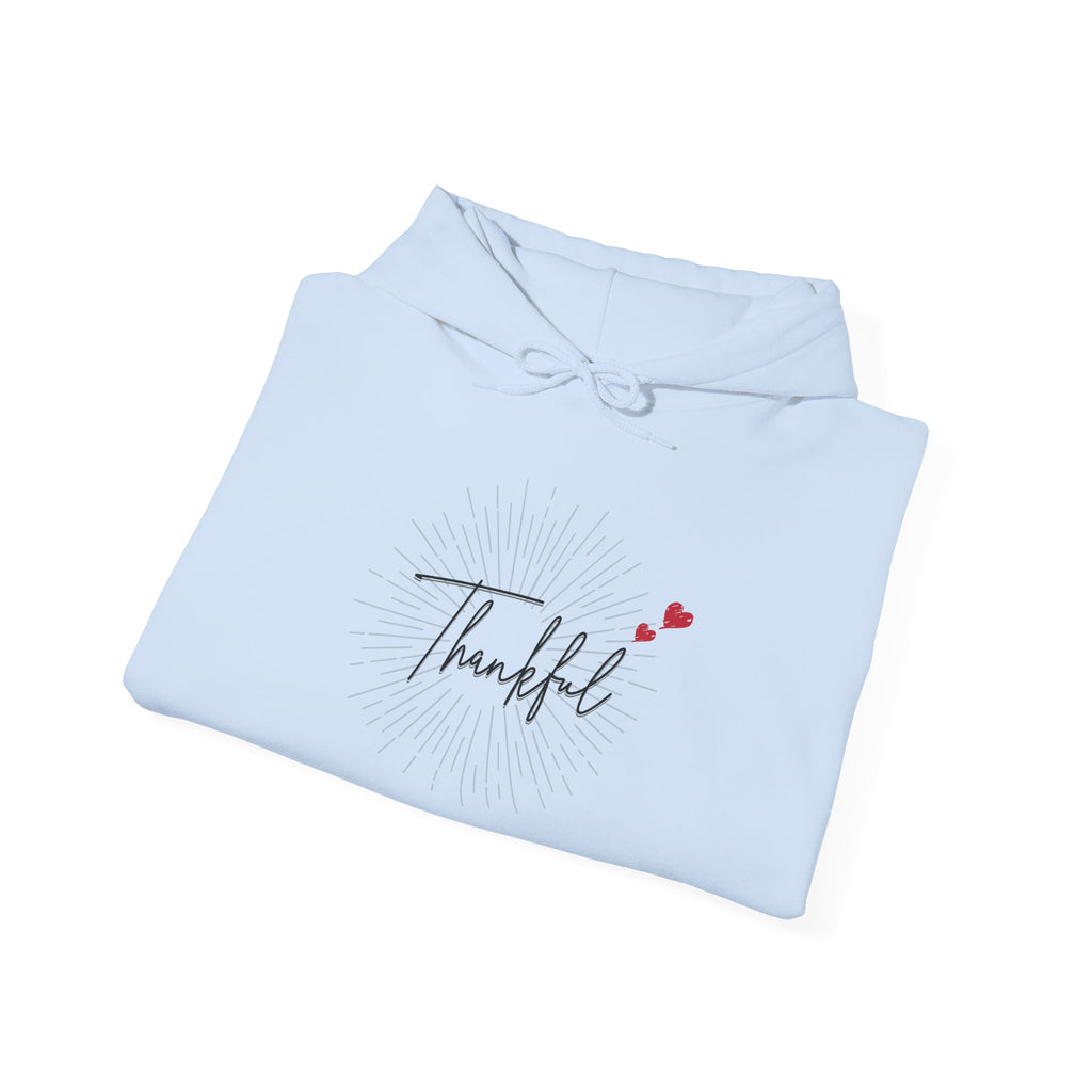 Thankful Script Hoodie — Minimal Cozy Gratitude Sweatshirt with Tiny Hearts