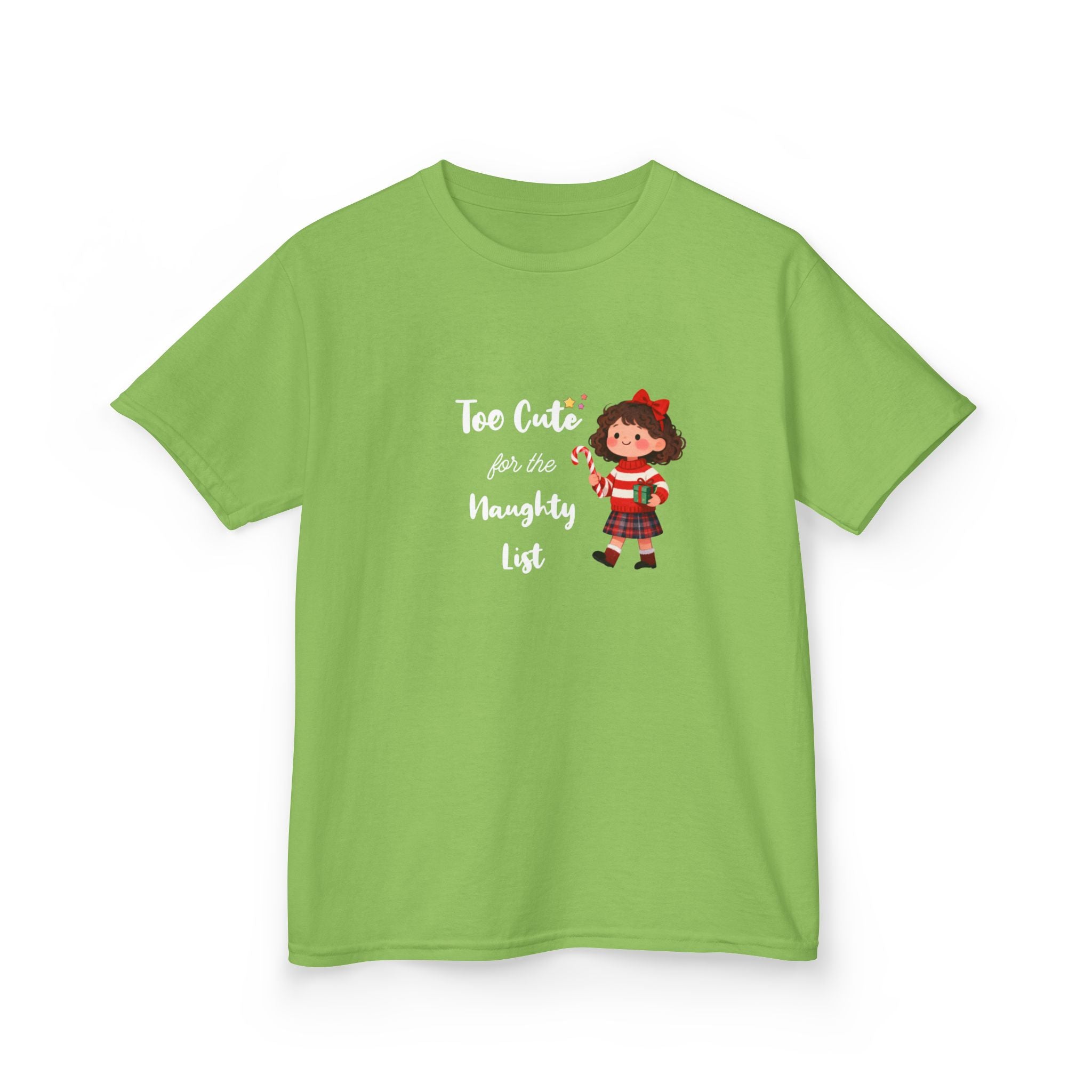 Kids T-Shirt — "Too Cute for the Naughty List" Holiday Elf Graphic