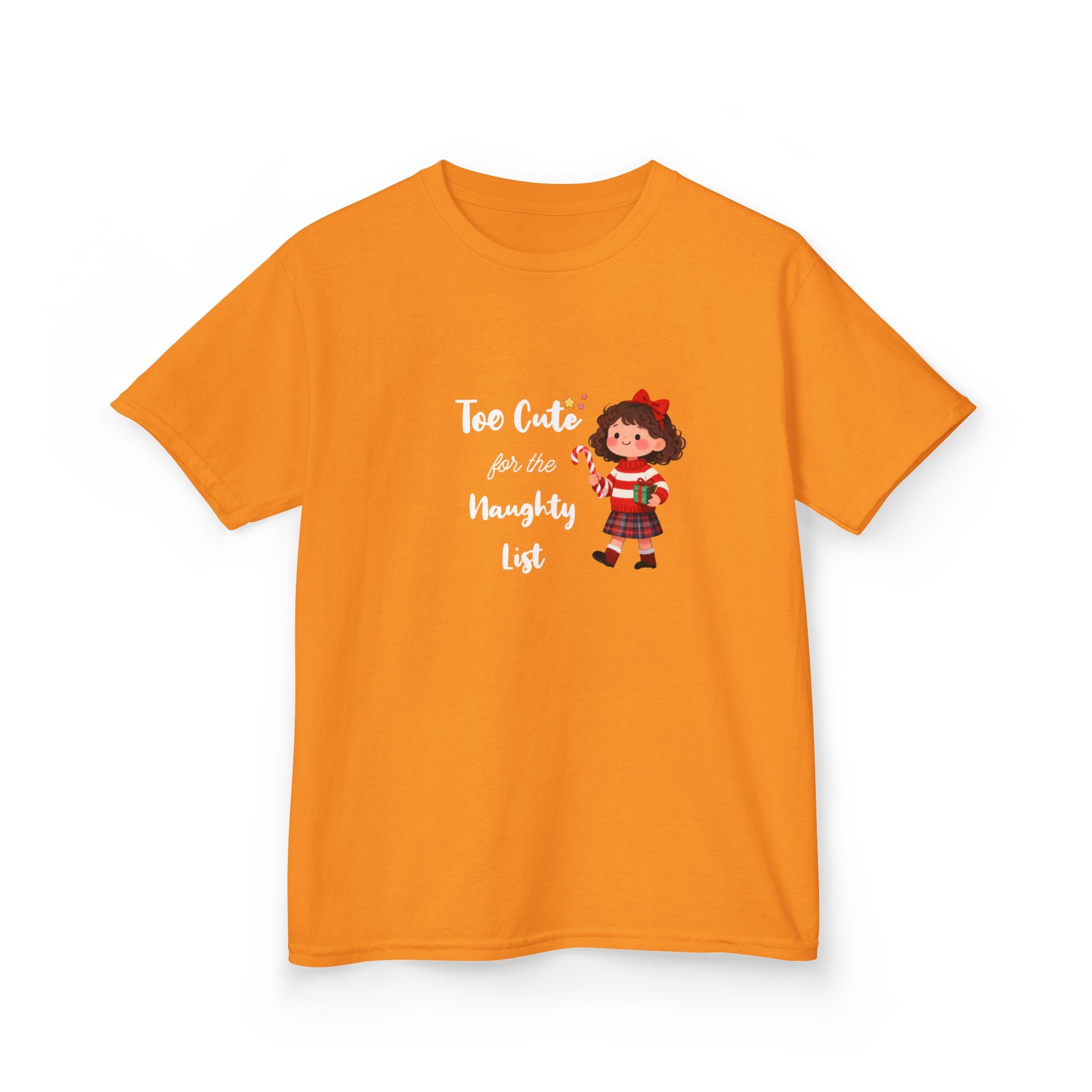 Kids T-Shirt — "Too Cute for the Naughty List" Holiday Elf Graphic