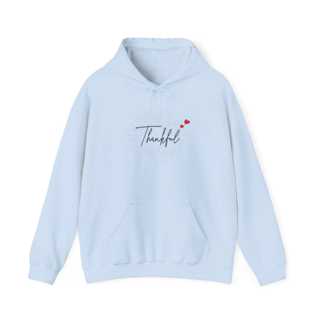 Thankful Script Hoodie — Minimal Cozy Gratitude Sweatshirt with Tiny Hearts