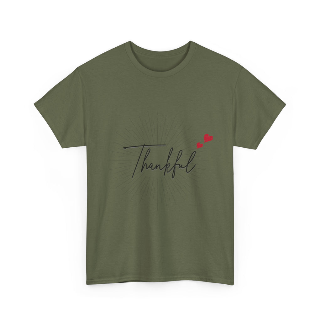 Thankful Script T‑Shirt — Minimal Gratitude Tee with Heart Accent