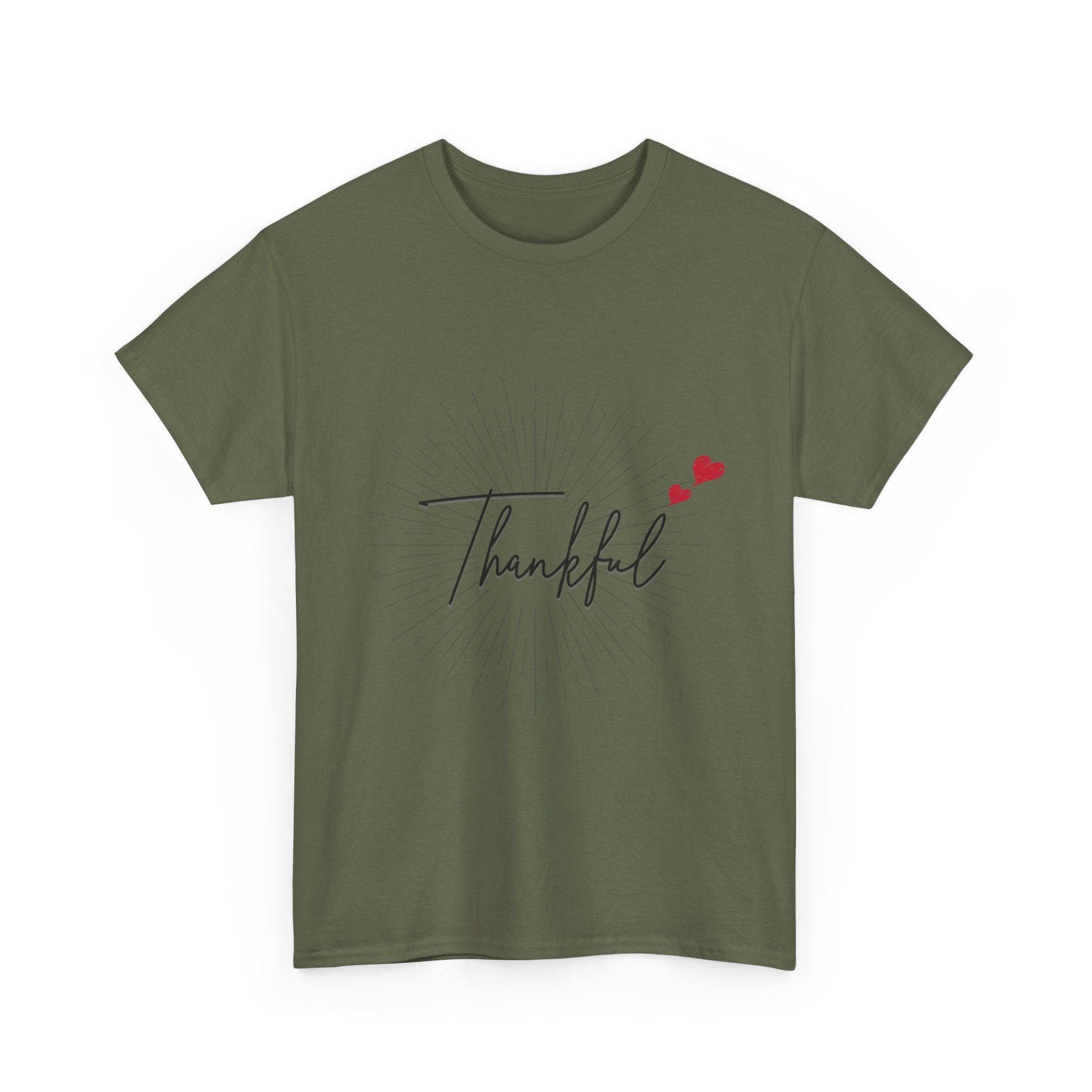 Thankful Script T‑Shirt — Minimal Gratitude Tee with Heart Accent