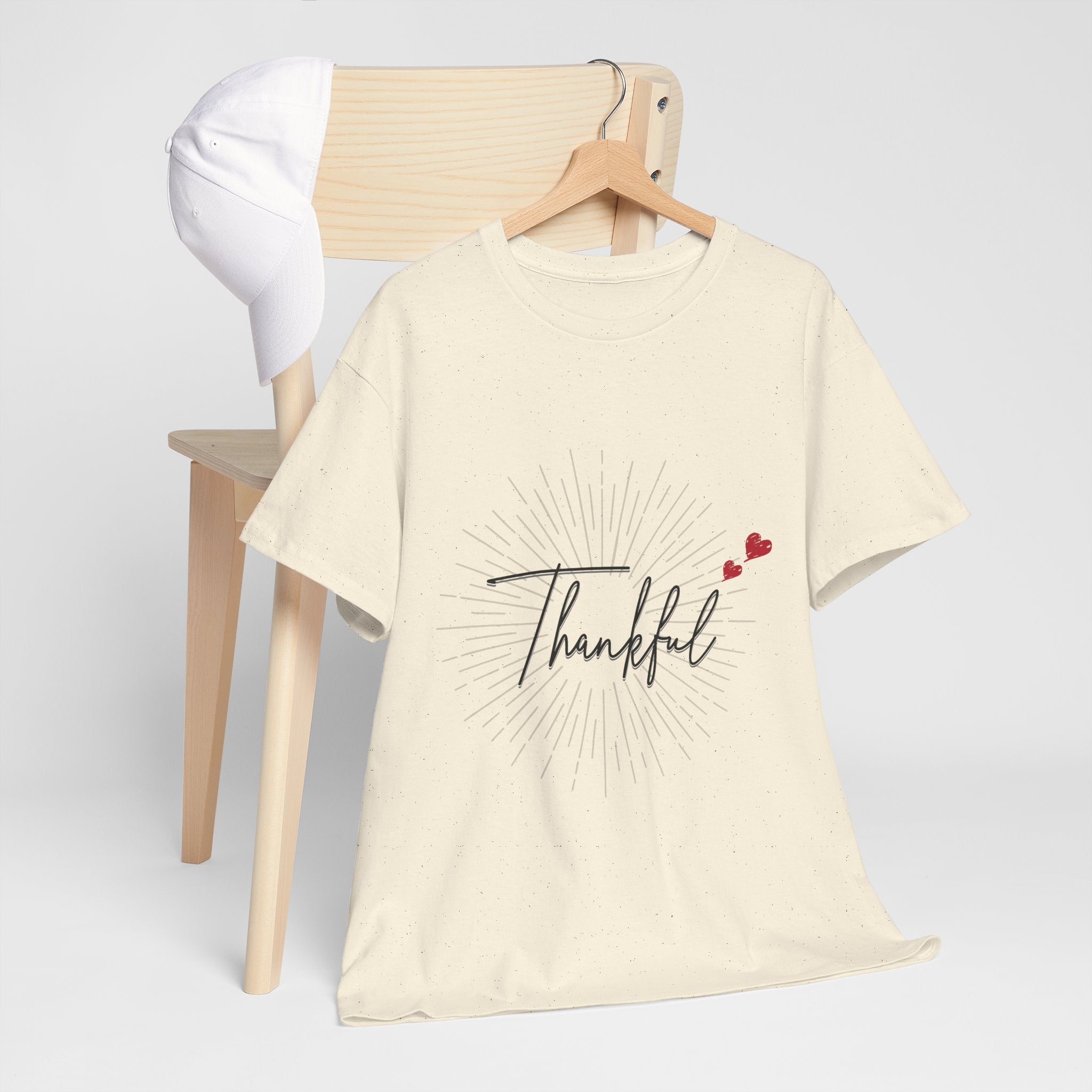 Thankful Script T‑Shirt — Minimal Gratitude Tee with Heart Accent