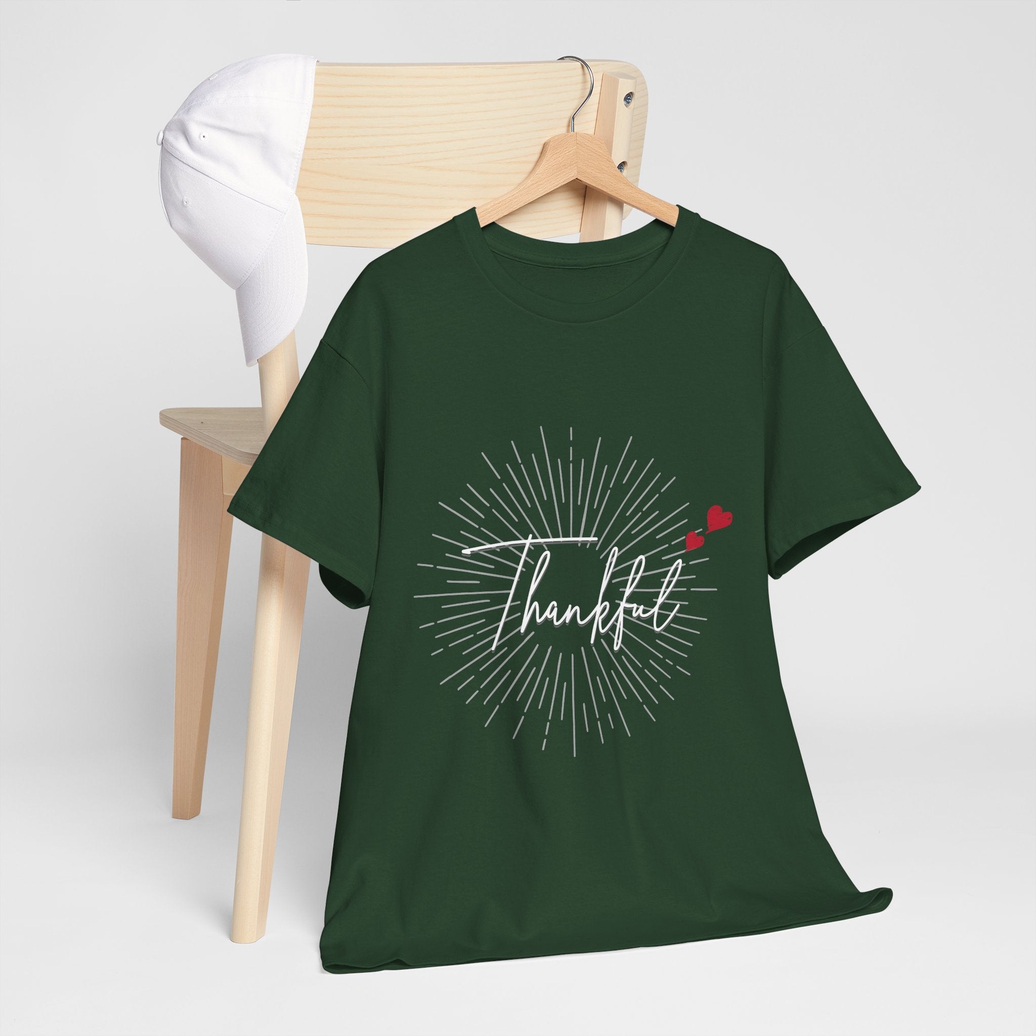 Thankful Script T‑Shirt — Minimal Gratitude Tee with Heart Accent