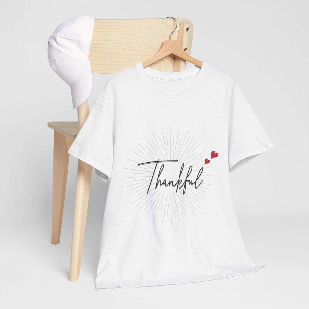 Thankful Script T‑Shirt — Minimal Gratitude Tee with Heart Accent