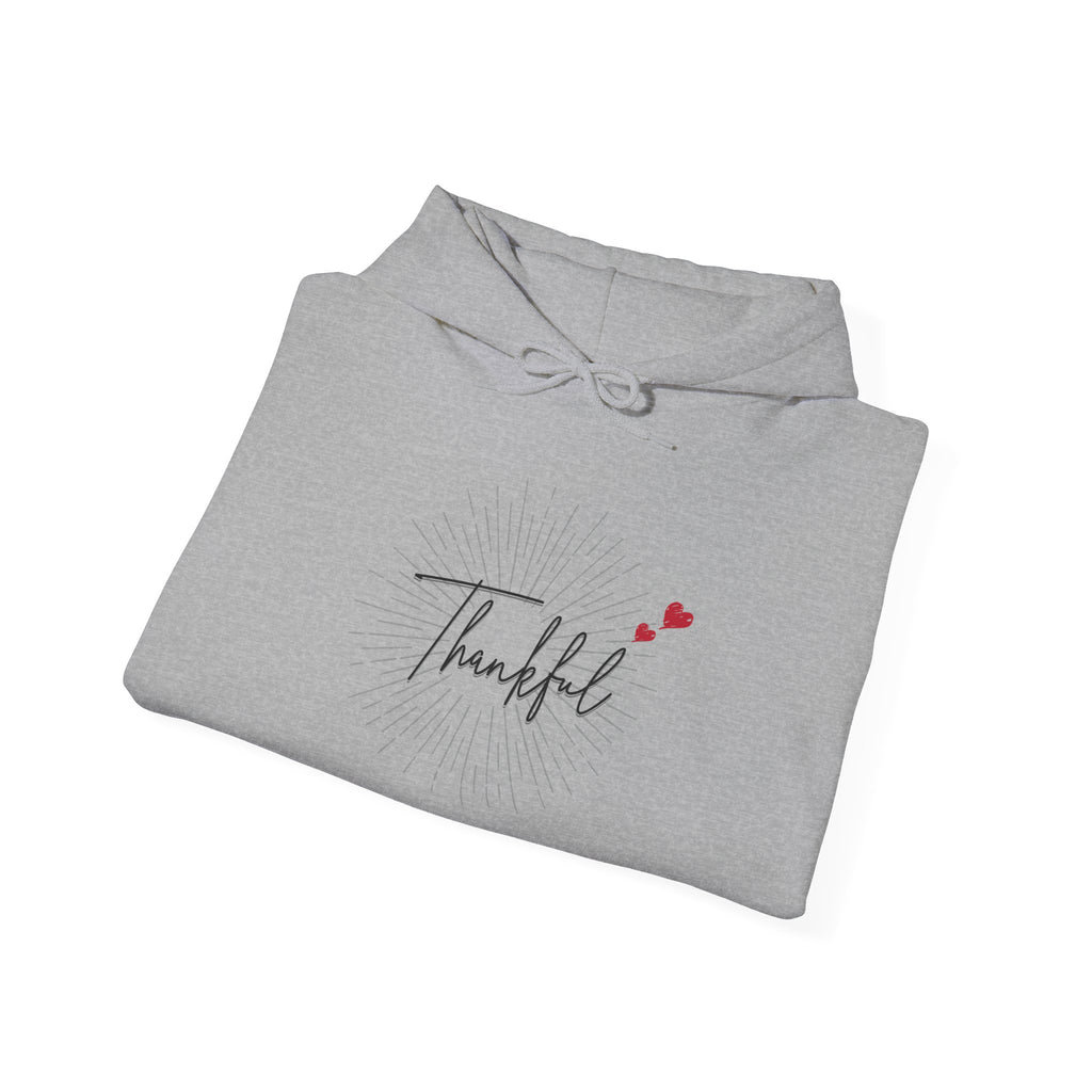 Thankful Script Hoodie — Minimal Cozy Gratitude Sweatshirt with Tiny Hearts