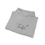 Thankful Script Hoodie — Minimal Cozy Gratitude Sweatshirt with Tiny Hearts