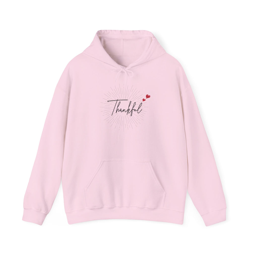 Thankful Script Hoodie — Minimal Cozy Gratitude Sweatshirt with Tiny Hearts