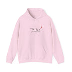 Thankful Script Hoodie — Minimal Cozy Gratitude Sweatshirt with Tiny Hearts