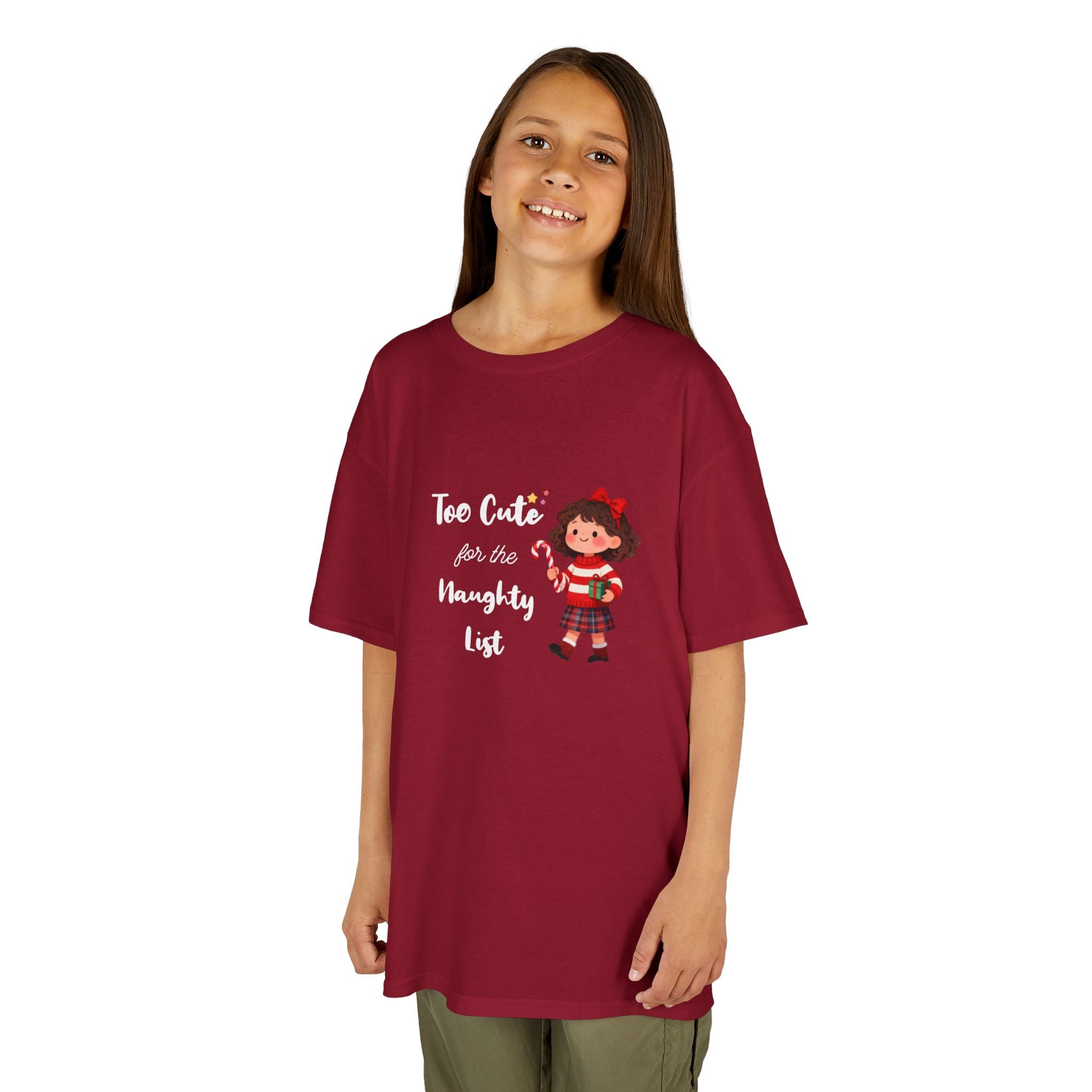Kids T-Shirt — "Too Cute for the Naughty List" Holiday Elf Graphic