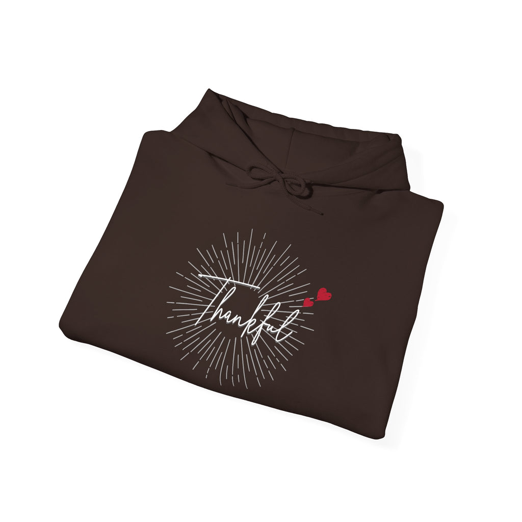 Thankful Script Hoodie — Minimal Cozy Gratitude Sweatshirt with Tiny Hearts