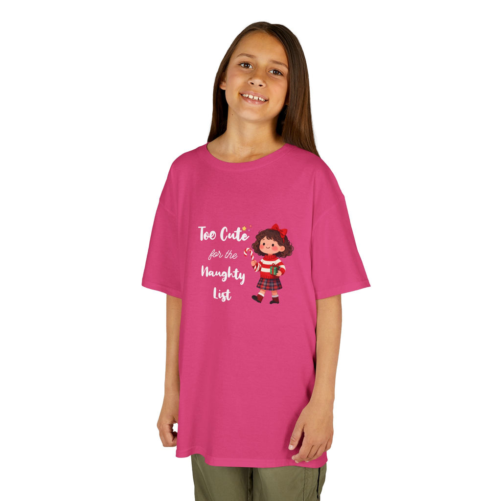 Kids T-Shirt — "Too Cute for the Naughty List" Holiday Elf Graphic