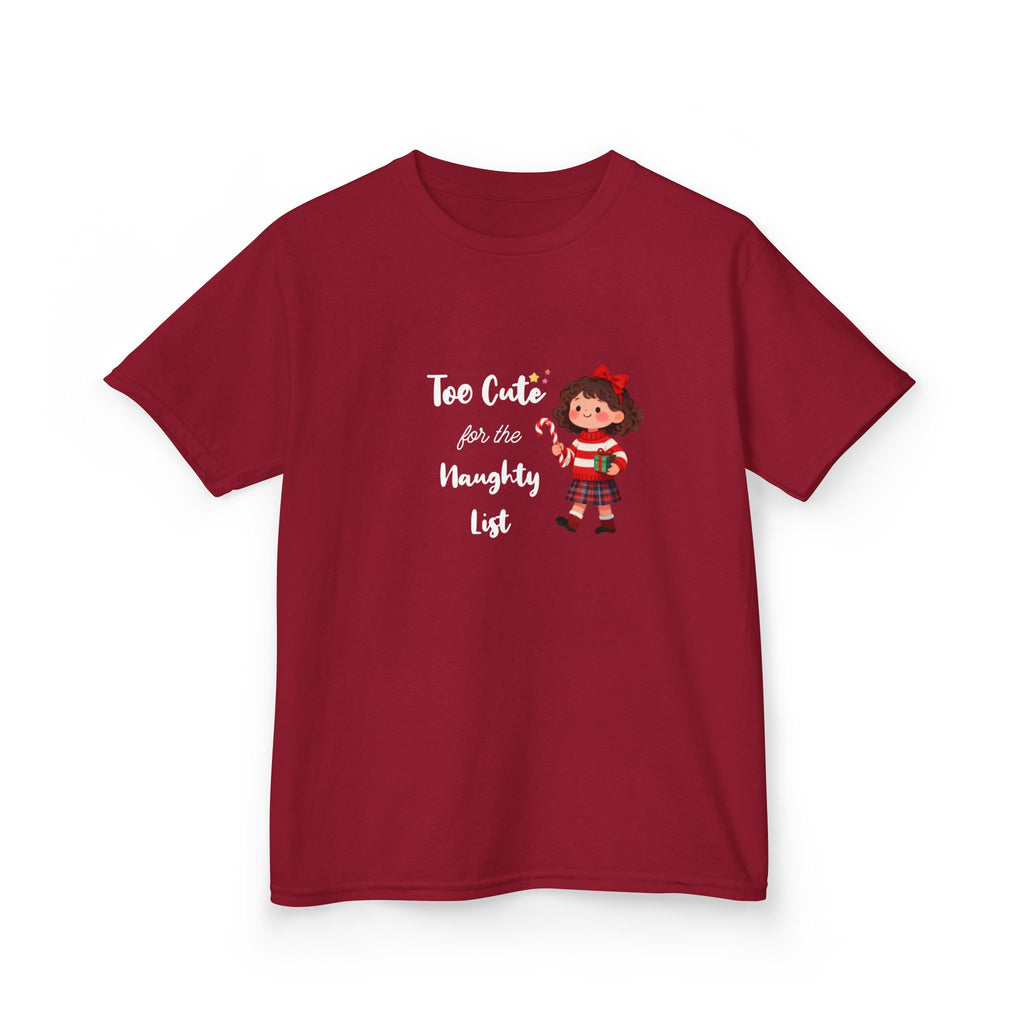 Kids T-Shirt — "Too Cute for the Naughty List" Holiday Elf Graphic