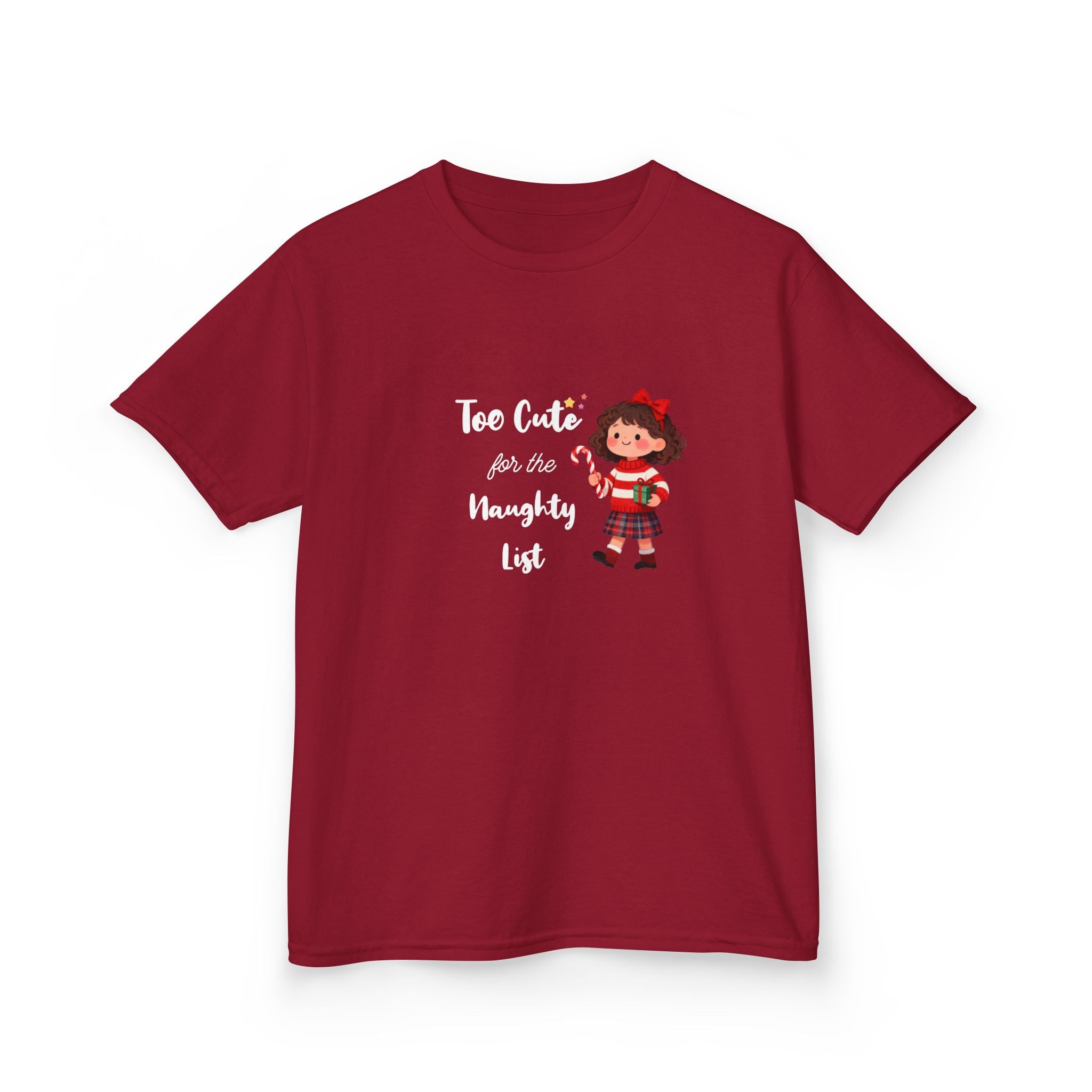 Kids T-Shirt — "Too Cute for the Naughty List" Holiday Elf Graphic