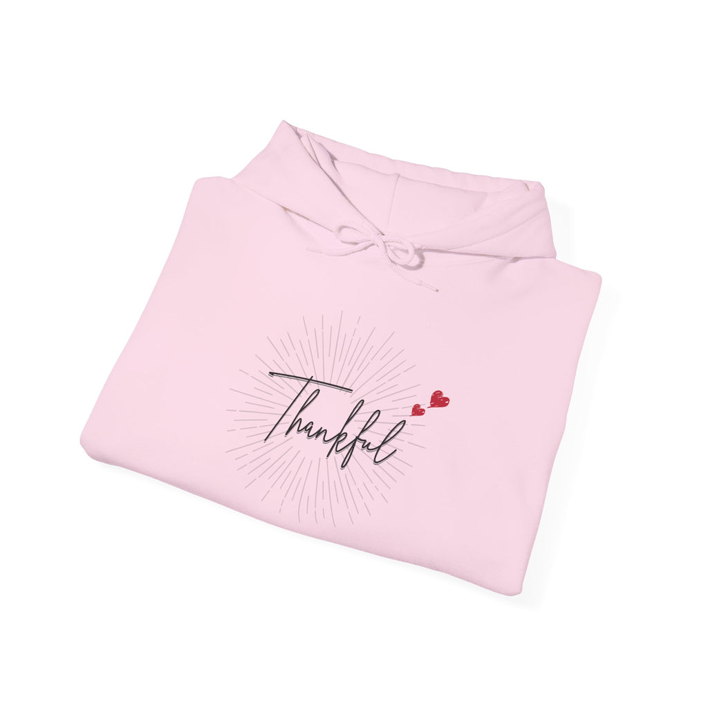 Thankful Script Hoodie — Minimal Cozy Gratitude Sweatshirt with Tiny Hearts
