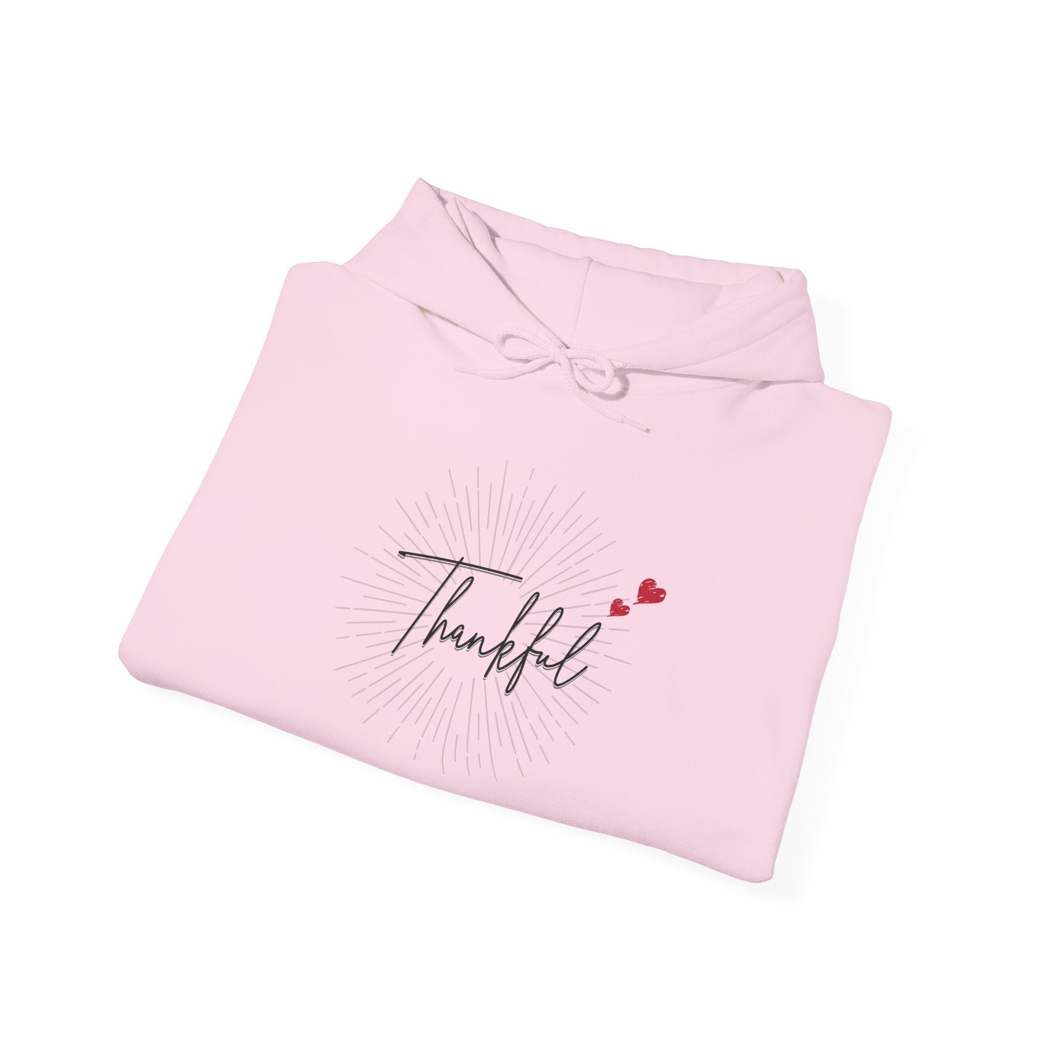 Thankful Script Hoodie — Minimal Cozy Gratitude Sweatshirt with Tiny Hearts