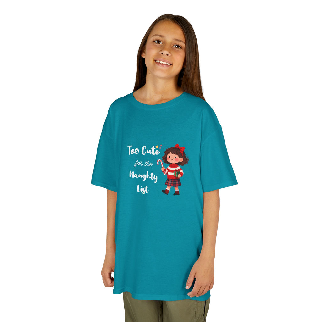Kids T-Shirt — "Too Cute for the Naughty List" Holiday Elf Graphic