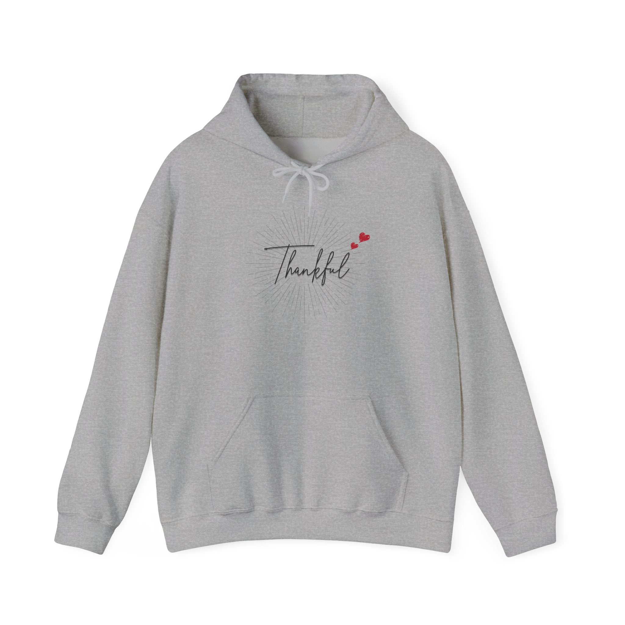 Thankful Script Hoodie — Minimal Cozy Gratitude Sweatshirt with Tiny Hearts