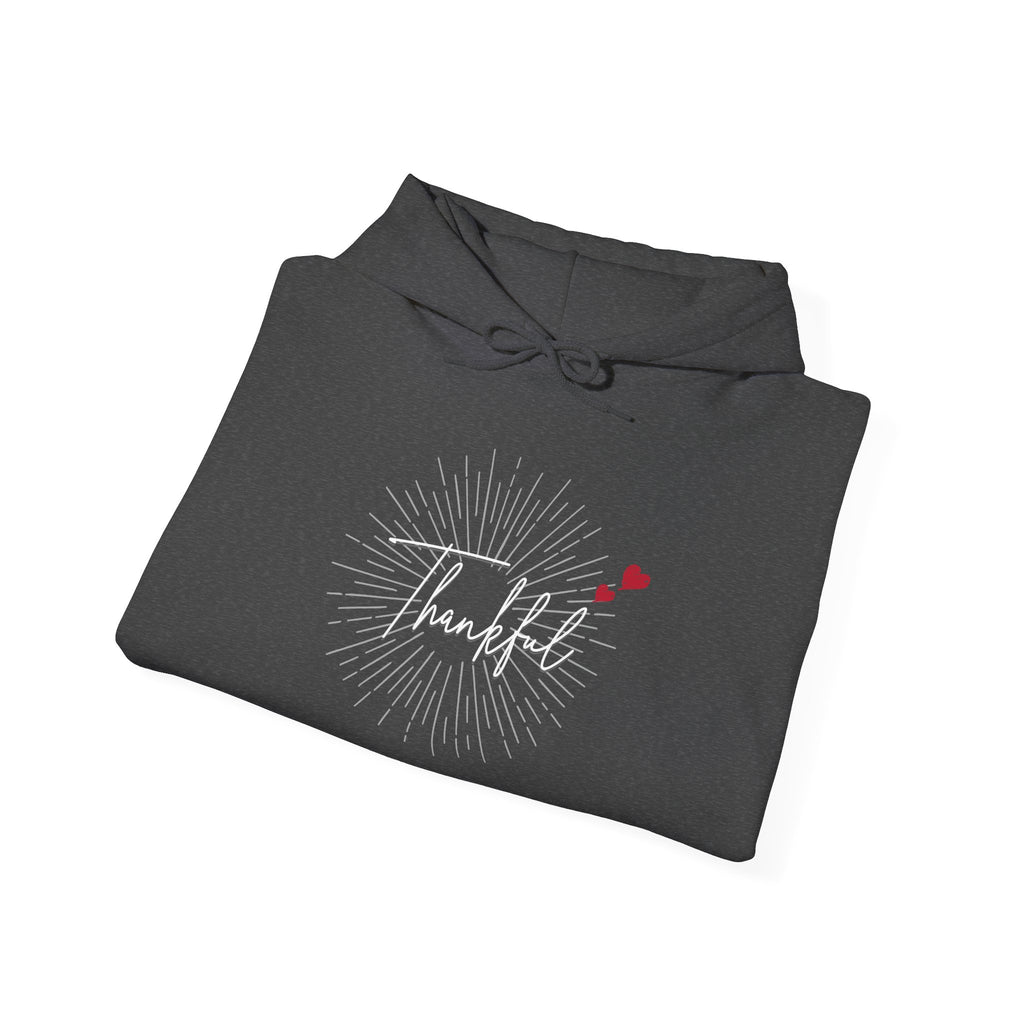 Thankful Script Hoodie — Minimal Cozy Gratitude Sweatshirt with Tiny Hearts