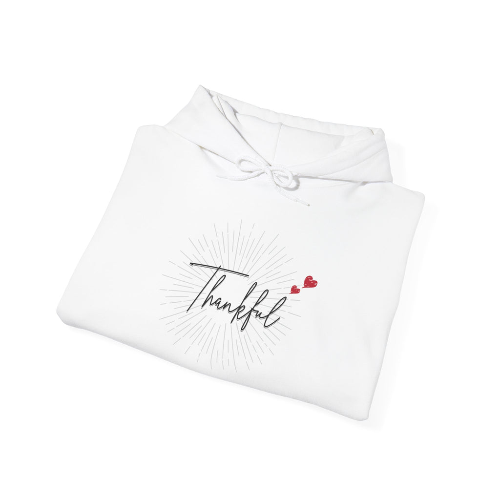 Thankful Script Hoodie — Minimal Cozy Gratitude Sweatshirt with Tiny Hearts