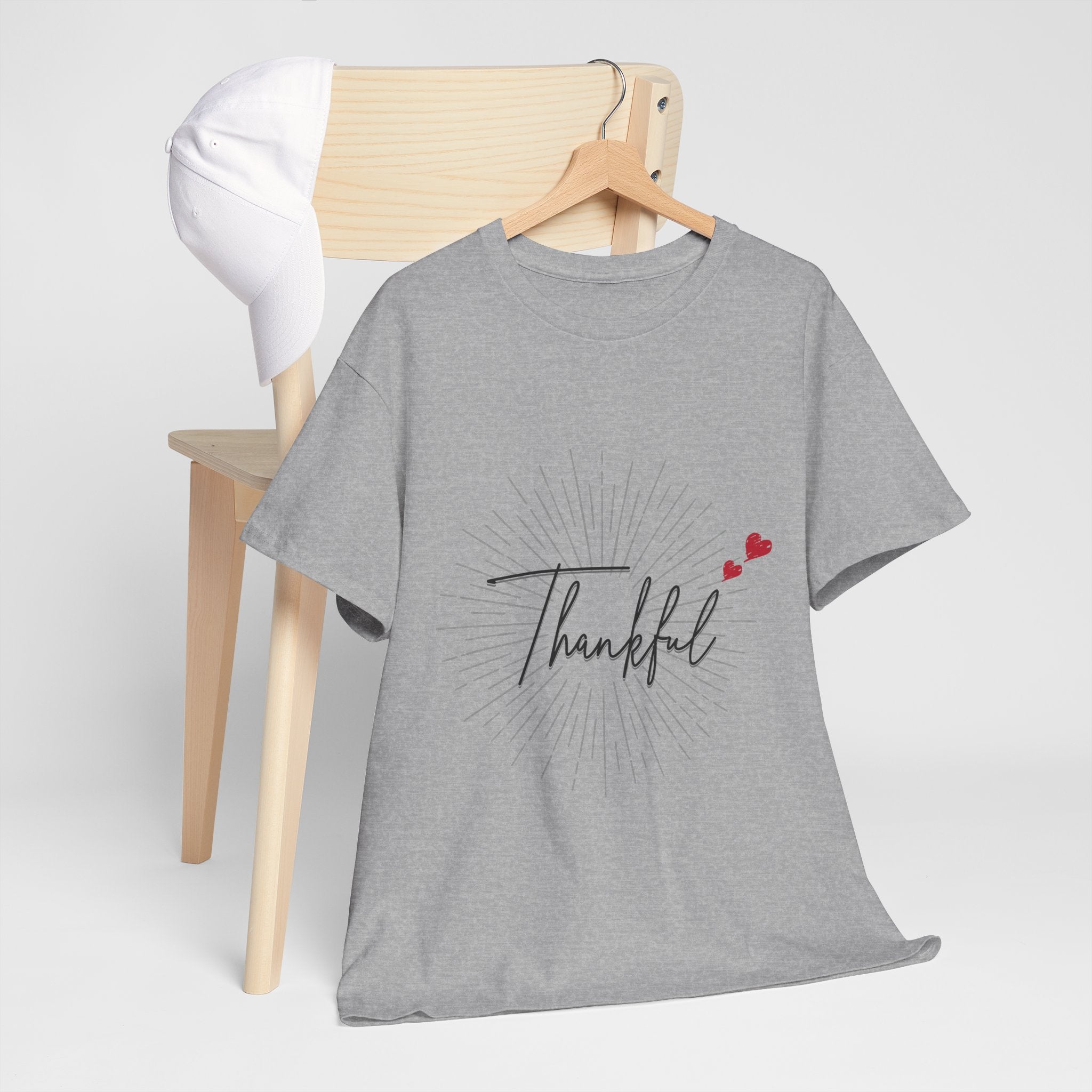 Thankful Script T‑Shirt — Minimal Gratitude Tee with Heart Accent