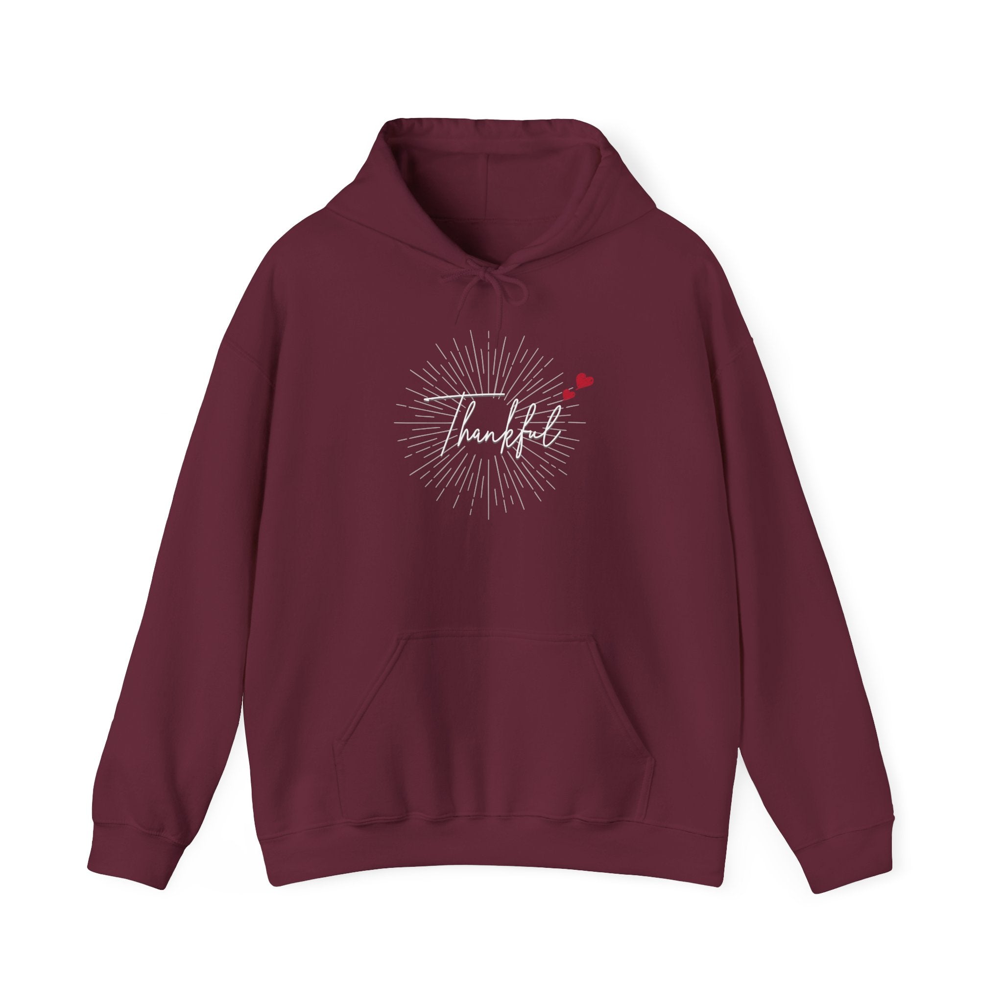Thankful Script Hoodie — Minimal Cozy Gratitude Sweatshirt with Tiny Hearts