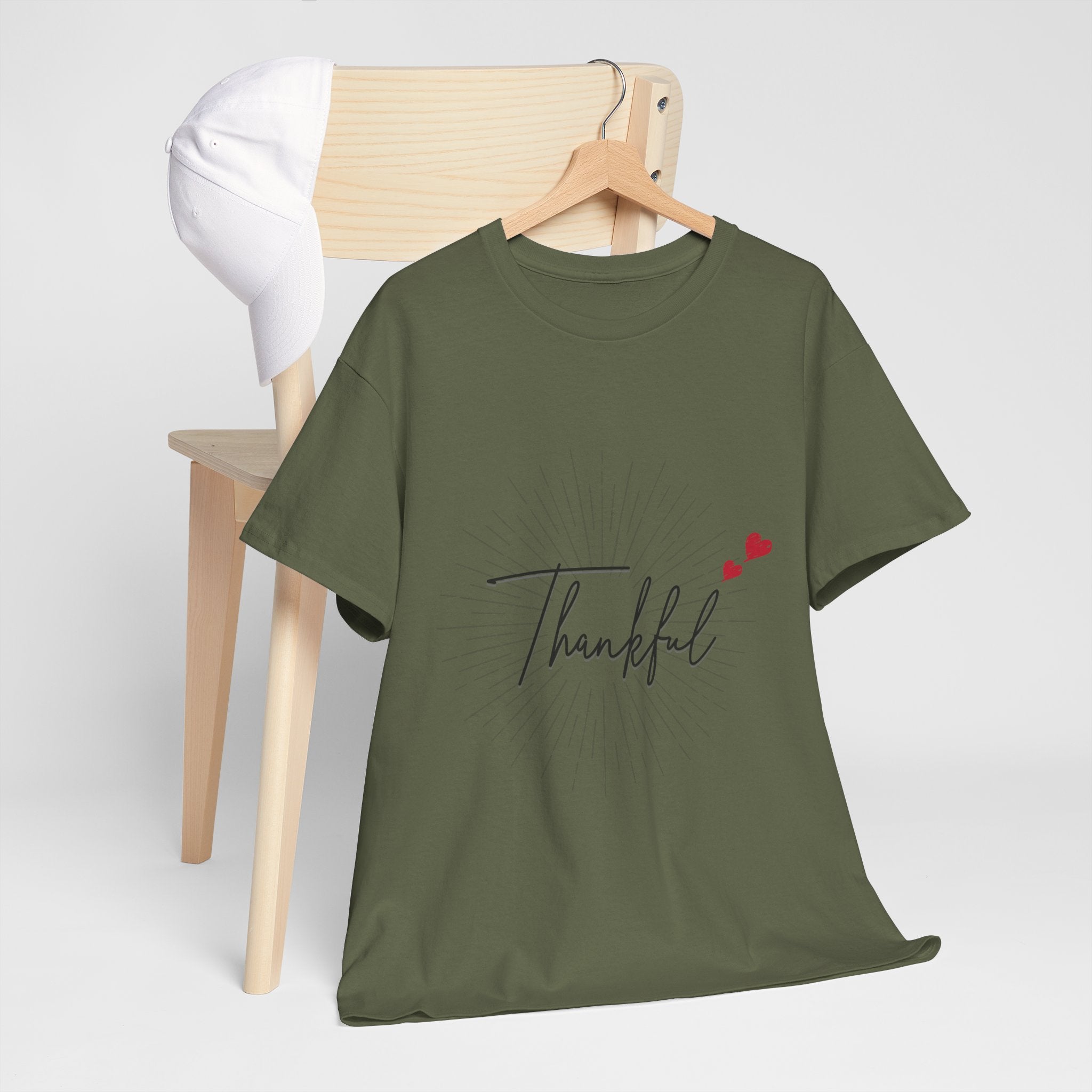 Thankful Script T‑Shirt — Minimal Gratitude Tee with Heart Accent