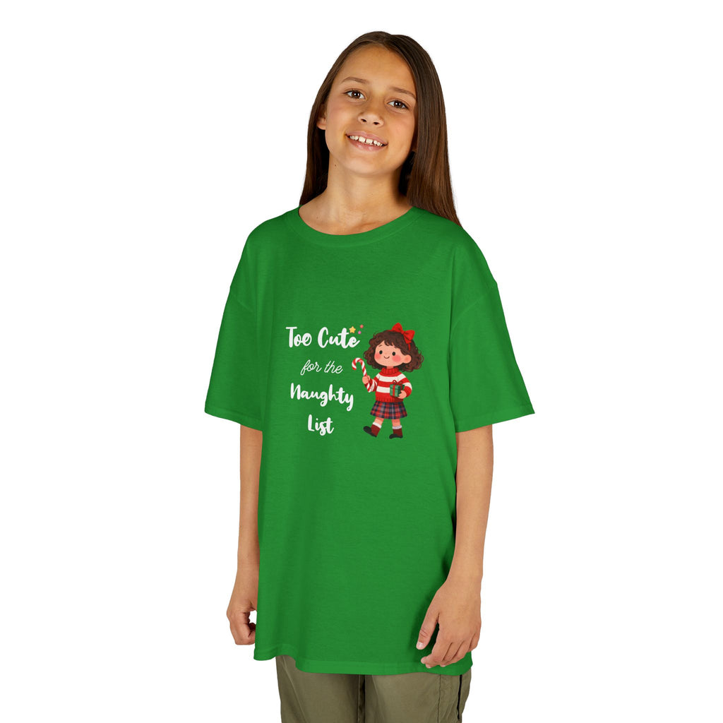 Kids T-Shirt — "Too Cute for the Naughty List" Holiday Elf Graphic
