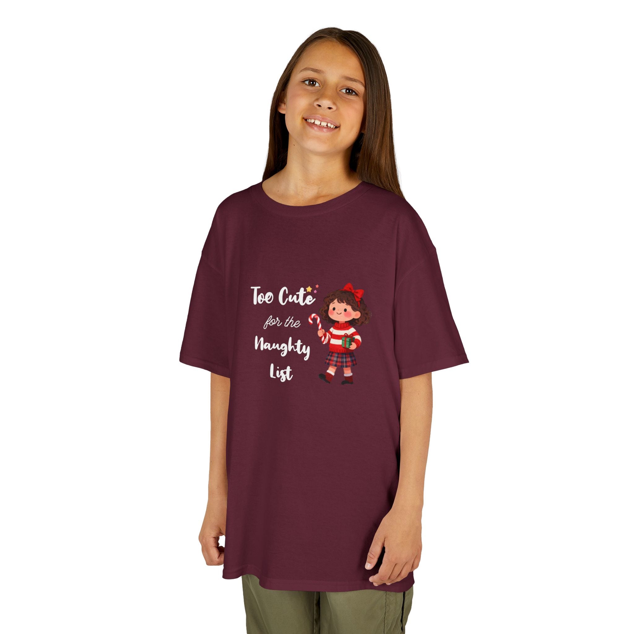 Kids T-Shirt — "Too Cute for the Naughty List" Holiday Elf Graphic