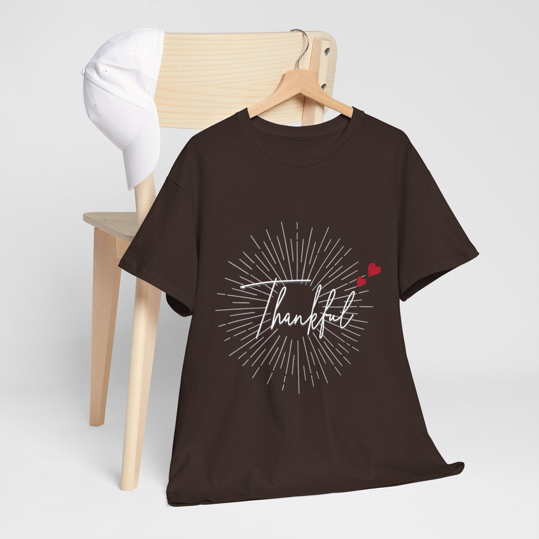 Thankful Script T‑Shirt — Minimal Gratitude Tee with Heart Accent