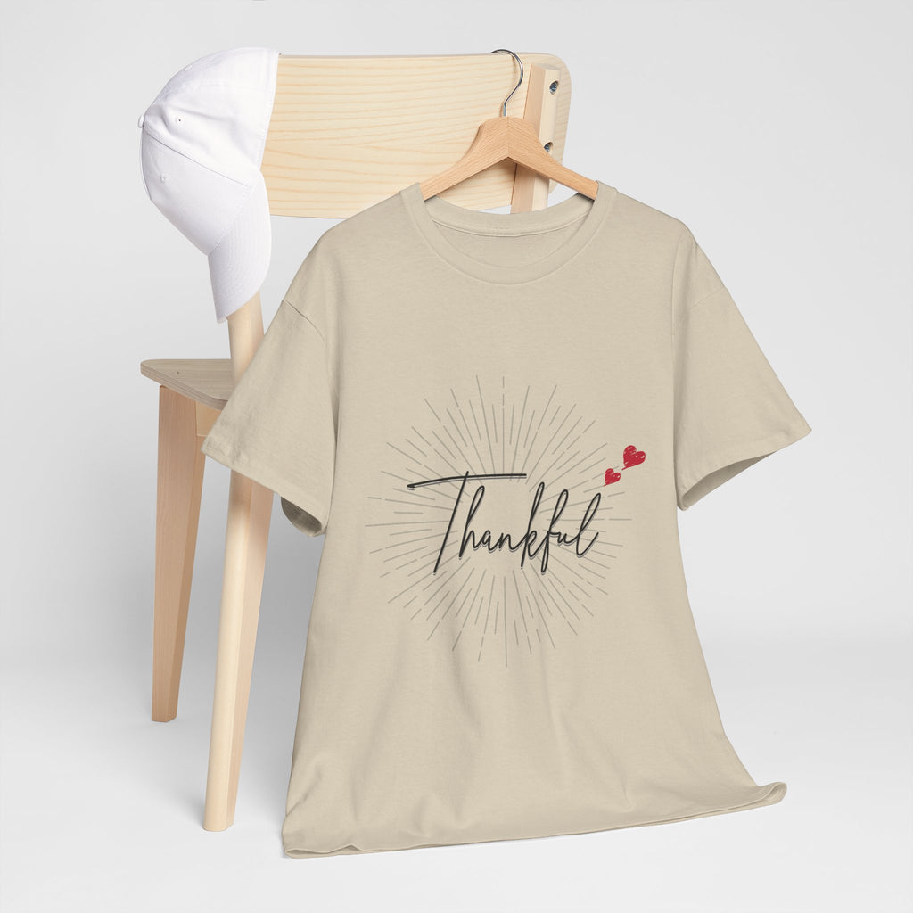 Thankful Script T‑Shirt — Minimal Gratitude Tee with Heart Accent